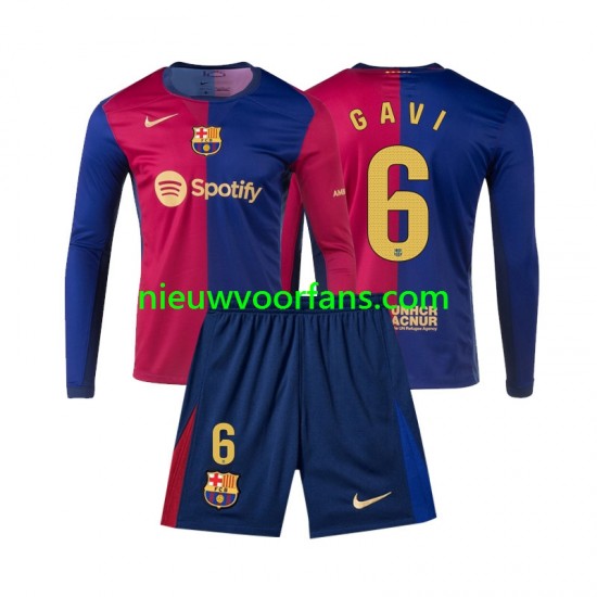FC Barcelona Kind Shirt met Bedrukking Gavi 6 Thuis 2024-2025 Lange Mouw