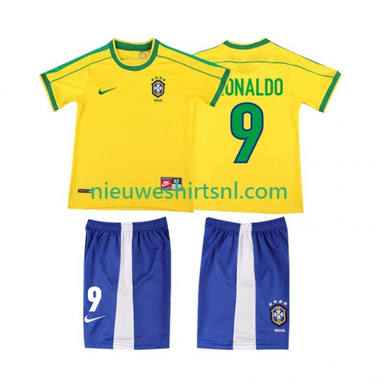 Brazilië Kind Shirt met Bedrukking Ronaldo 9 1998 Retro Thuis Korte Mouw