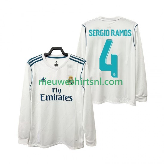 Real Madrid Heren Shirt met Bedrukking SERGIO RAMOS 4 2017 2018 Retro Thuis Lange Mouw
