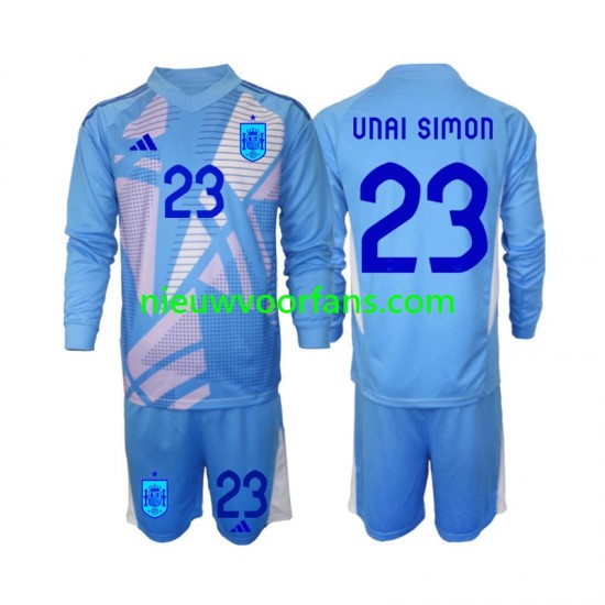 Spanje Kind Shirt met Bedrukking Doelman Unai Simon 23 Thuis Euro 2024 Lange Mouw