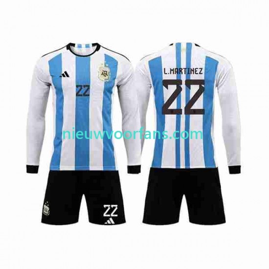 Argentinië Kind Shirt met Bedrukking 3 Stars Lautaro Martinez 22 Thuis WK 2022 Lange Mouw
