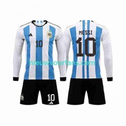 Argentinië Kind Shirt met Bedrukking 3 Stars Lionel Messi 10 Thuis WK 2022 Lange Mouw