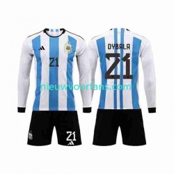 Argentinië Kind Shirt met Bedrukking 3 Stars Paulo Dybala 21 Thuis WK 2022 Lange Mouw