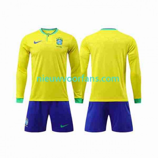 Brazilië Kind Shirt met Bedrukking Thuis WK 2022 Lange Mouw