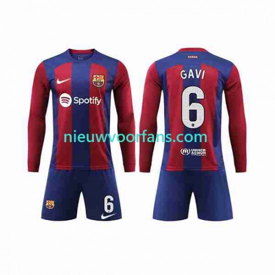 FC Barcelona Kind Shirt met Bedrukking GAVI 6 Thuis 2023-2024 Lange Mouw