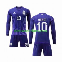 Argentinië Kind Shirt met Bedrukking 3 Stars Lionel Messi 10 Uit WK 2022 Lange Mouw