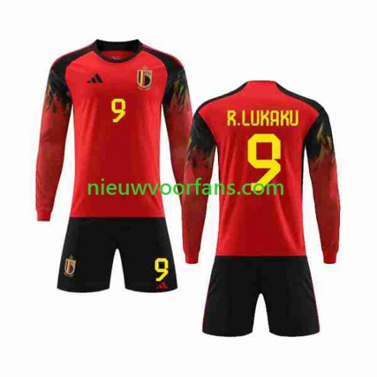 België Kind Shirt met Bedrukking R.LUKAKU 9 Thuis WK 2022 Lange Mouw