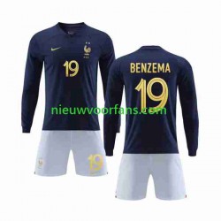 Frankrijk Kind Shirt met Bedrukking Benzema 19 Thuis WK 2022 Lange Mouw