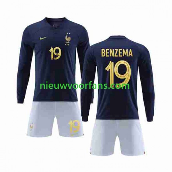 Frankrijk Kind Shirt met Bedrukking Benzema 19 Thuis WK 2022 Lange Mouw