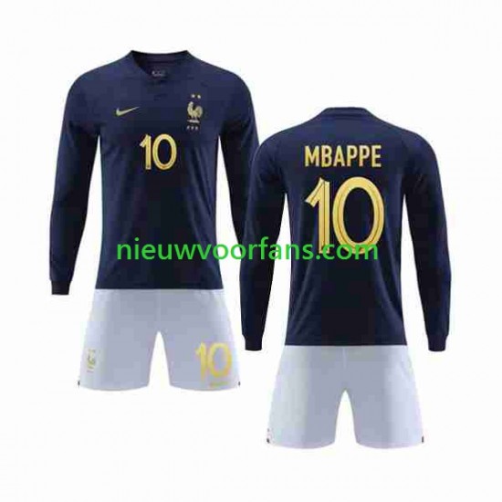 Frankrijk Kind Shirt met Bedrukking Mbappé 10 Thuis WK 2022 Lange Mouw