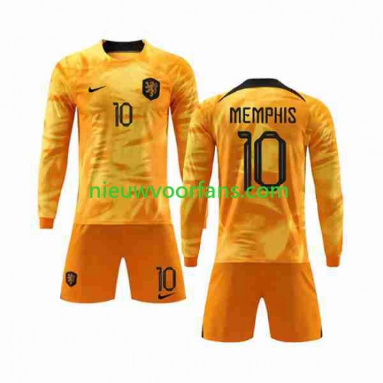 Nederland Kind Shirt met Bedrukking Memphis 10 Thuis WK 2022 Lange Mouw