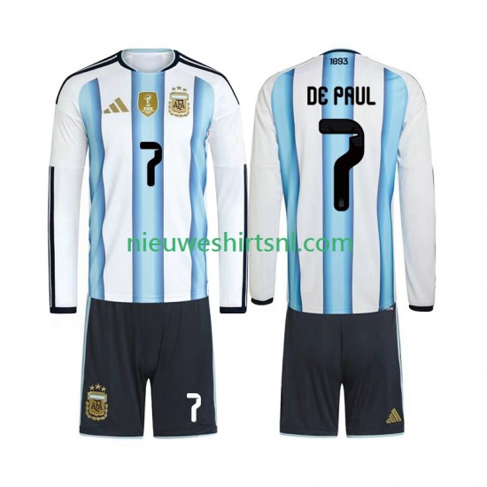 Argentinië Kind Shirt met Bedrukking Rodrigo De Paul 7 Thuis WK 2026 Lange Mouw