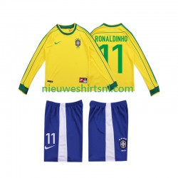 Brazilië Kind Shirt met Bedrukking RONALDINHO 11 1998 Retro Thuis Lange Mouw
