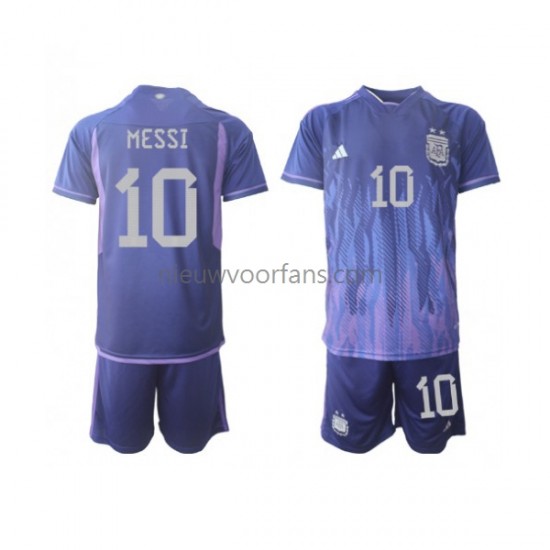 Argentinië Kind Shirt met Bedrukking Lionel Messi 10 Uit WK 2022 Korte Mouw