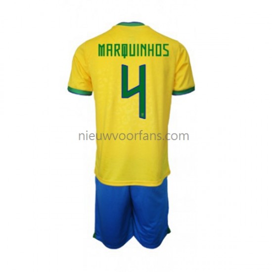 Brazilië Kind Shirt met Bedrukking Marquinhos 4 Thuis WK 2022 Korte Mouw