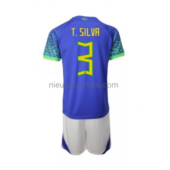 Brazilië Kind Shirt met Bedrukking Thiago Silva 3 Uit WK 2022 Korte Mouw