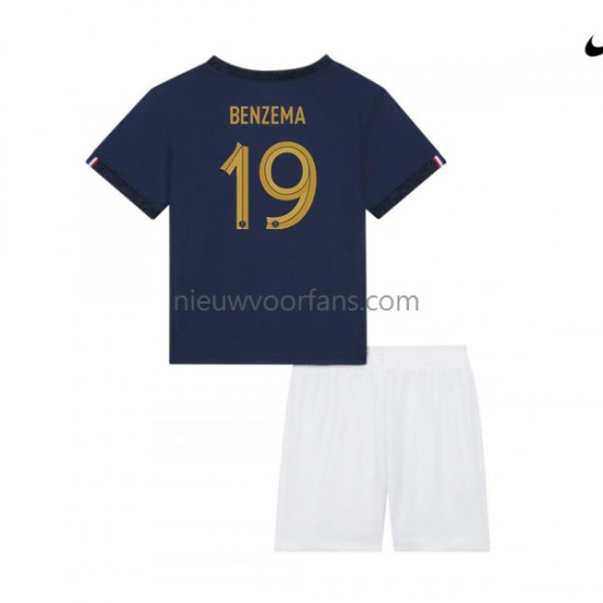 Frankrijk Kind Shirt met Bedrukking Benzema 19 Thuis WK 2022 Korte Mouw