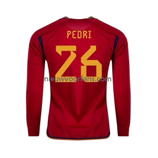 Spanje Heren Shirt met Bedrukking PEDRI 26 Thuis WK 2022 Lange Mouw